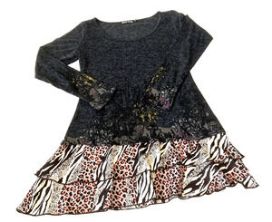 Rosa Rose Women's Dress Large Gray Print Long Sleeve Tiered Leopard Print